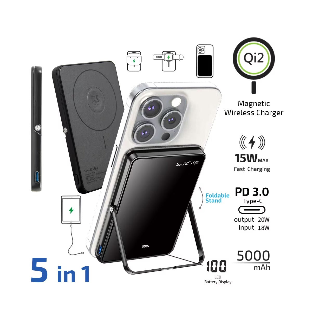 Mirror Ultra Slim Magnetic Wireless 5000mAh Power Bank with Stand