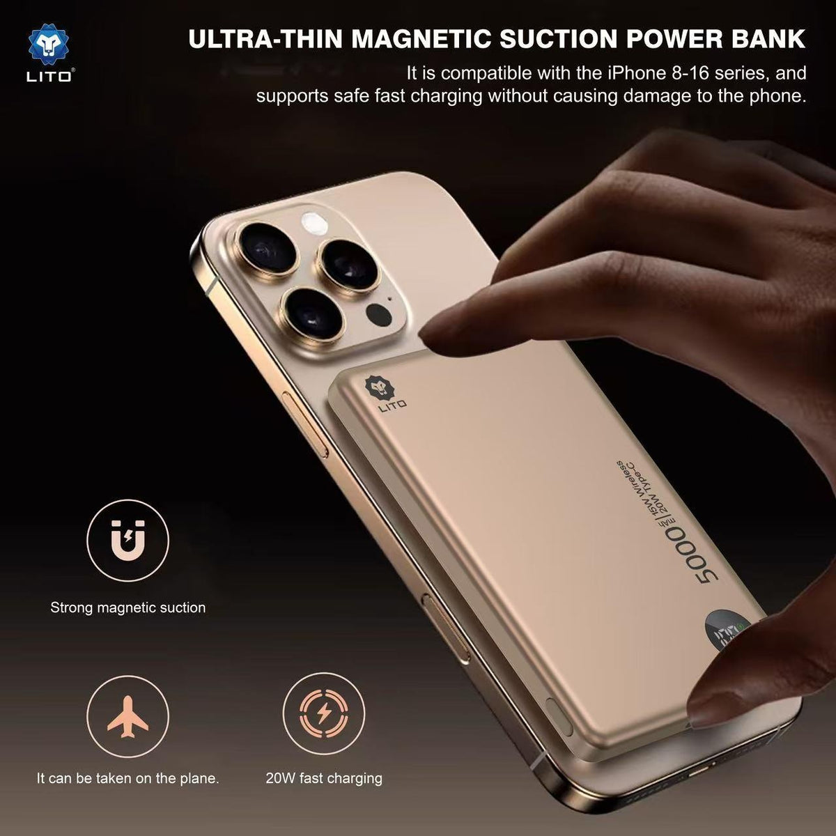 LITO LP08 10000mah Portable Slim Magnetic Wireless Magsafe Power Bank with Display